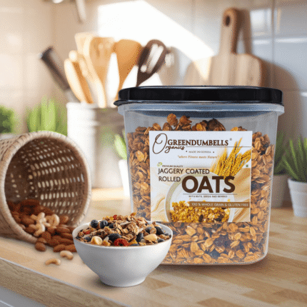 GreenDumbells Organics Jaggery Coated Rolled Oats Box
